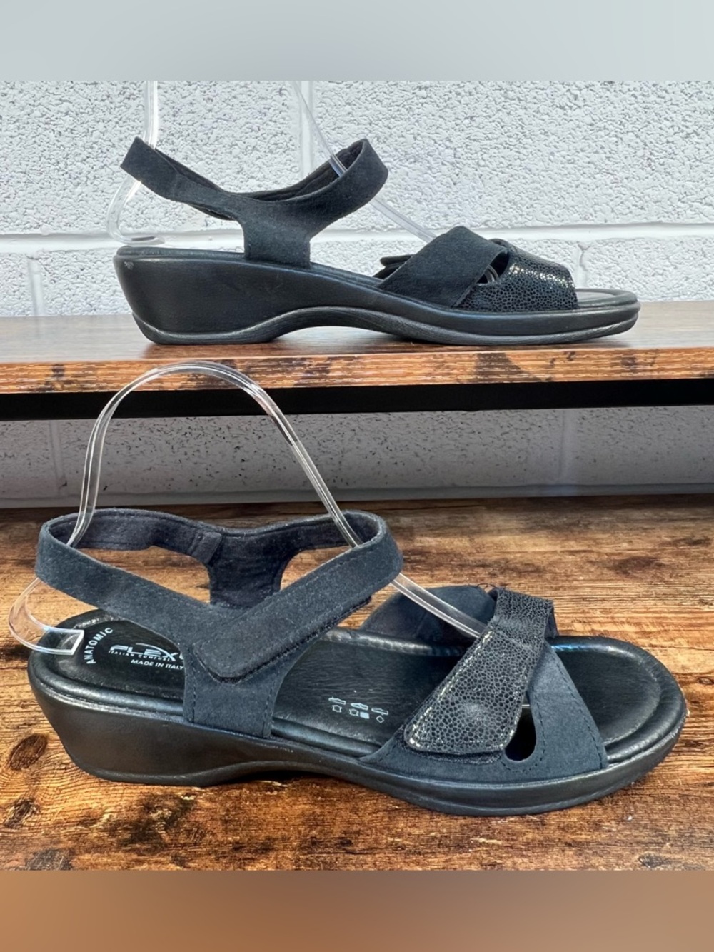 Flexus Sandals Black Adjustable Comfort Wedge Heel Made in Italy EU 41‎ US 10